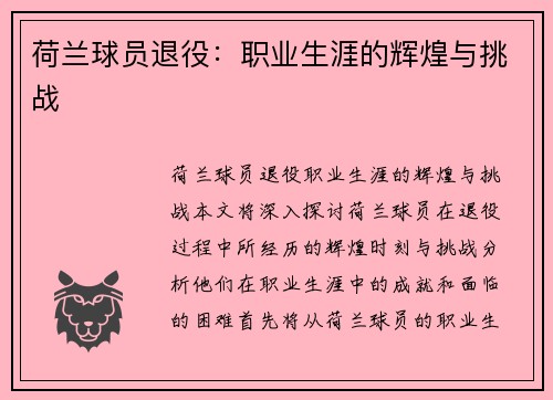 荷兰球员退役：职业生涯的辉煌与挑战